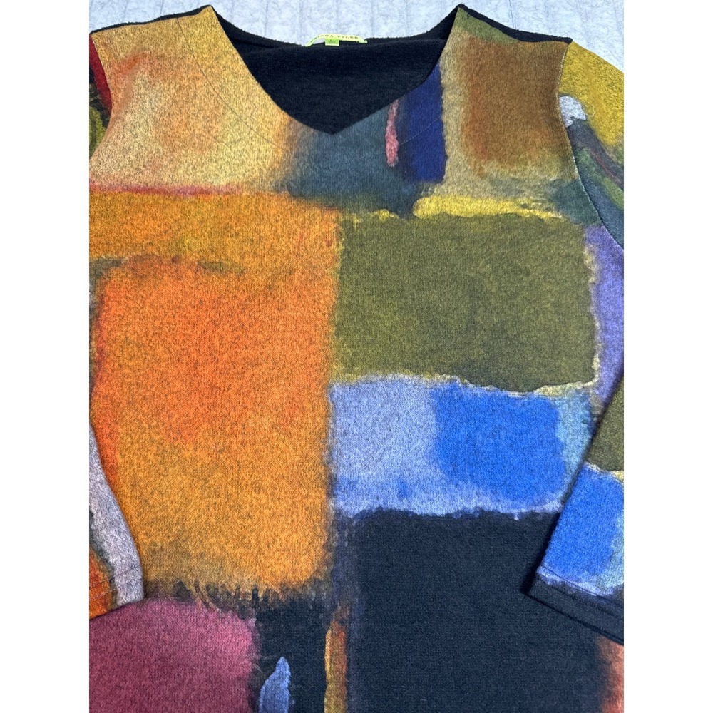 Trisha Tyler Womens Large Abstract Color Block V-Neck 3/4 Sleeve Tunic Top Black